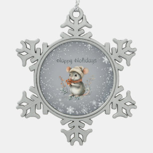 Schattigee wintermuis met bessen tin sneeuwvlok ornament