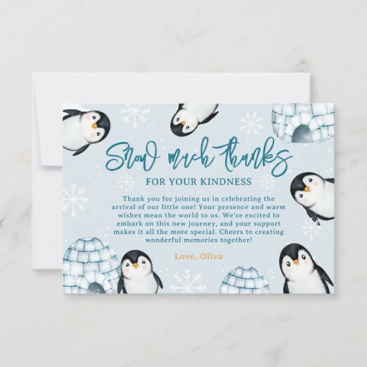 Schattigee winterpinguïn igloos baby shower bedankkaart (Voorkant)