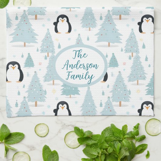 Schattigee winterpinguïn kerstblauw theedoek (Gevouwen)