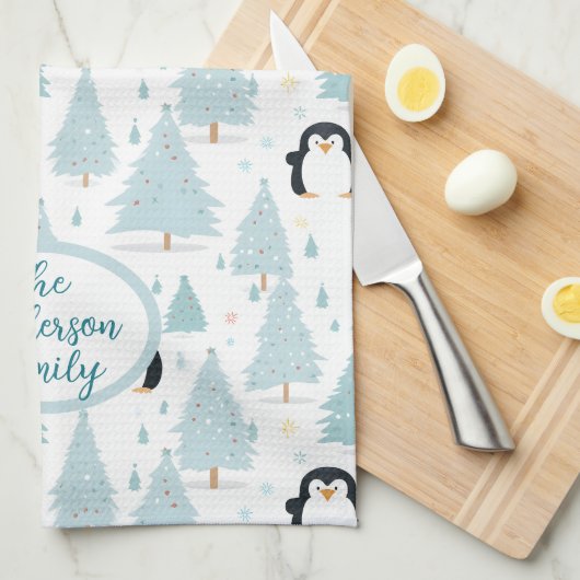 Schattigee winterpinguïn kerstblauw theedoek (Quarter Fold)