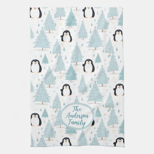 Schattigee winterpinguïn kerstblauw theedoek (Verticaal)