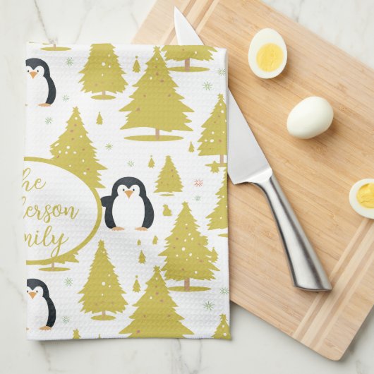 Schattigee winterpinguïn kerstgoud theedoek (Quarter Fold)