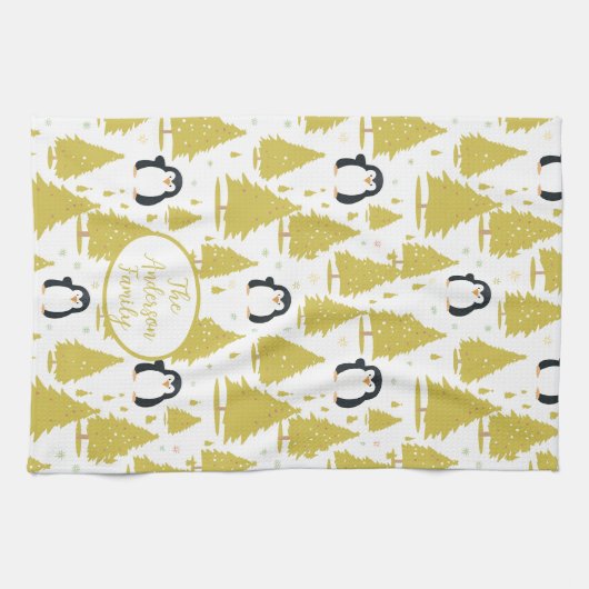 Schattigee winterpinguïn kerstgoud theedoek (Horizontaal)