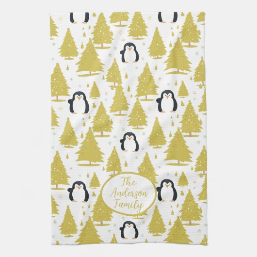 Schattigee winterpinguïn kerstgoud theedoek (Verticaal)