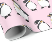Schattigee winterpinguïns op roze kerstpatroon cadeaupapier (Rol Hoek)