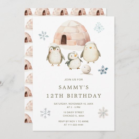 Schattigee winterpinguïns verjaardagsfeestje kaart (Voorkant / Achterkant)