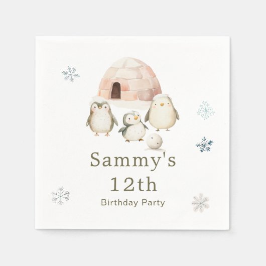 Schattigee winterpinguïns verjaardagsfeestje servet (Voorkant)