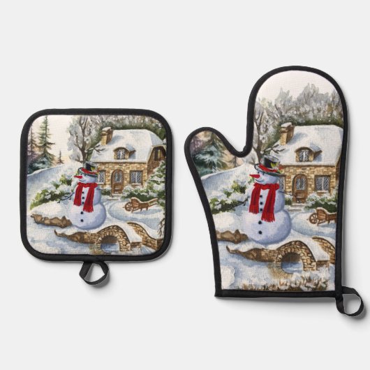 Schattigee wintersneeuwman ovenwant & pannenlap set (Voorkant)