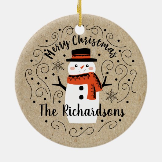 Schattigee wintersneeuwpop keramisch ornament (Achterkant)