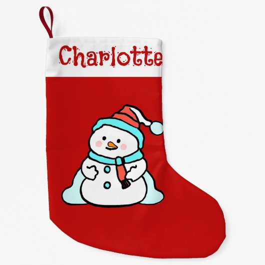 Schattigee wintersneeuwpop | Kinder naam Rood Kleine Kerstsok (Voorkant)