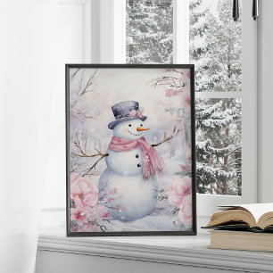 Schattigee wintersneeuwpop roze bloemen poster