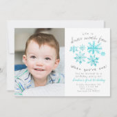 Schattigee wintersneeuwvlok eerste verjaardagsfoto kaart (Voorkant)
