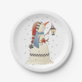 Schattigee wintersneeuwvrouw met lantaarn papieren bordje (Voorkant)