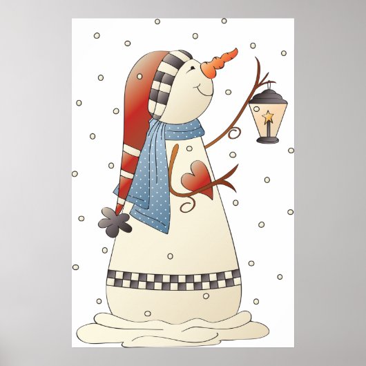 Schattigee wintersneeuwvrouw met lantaarn poster (Voorkant)