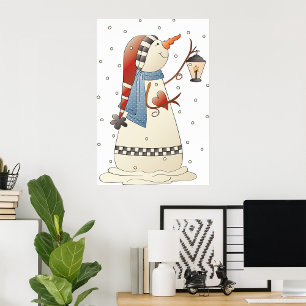 Schattigee wintersneeuwvrouw met lantaarn poster