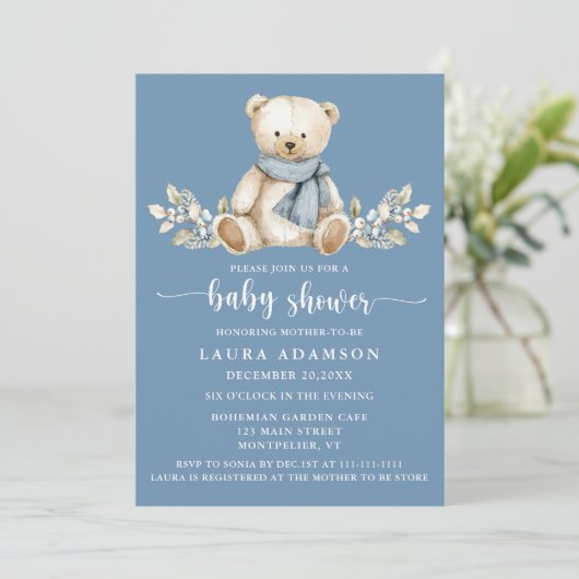 Schattigee winterteddybeer Baby shower blauw Kaart (Staand voorkant)