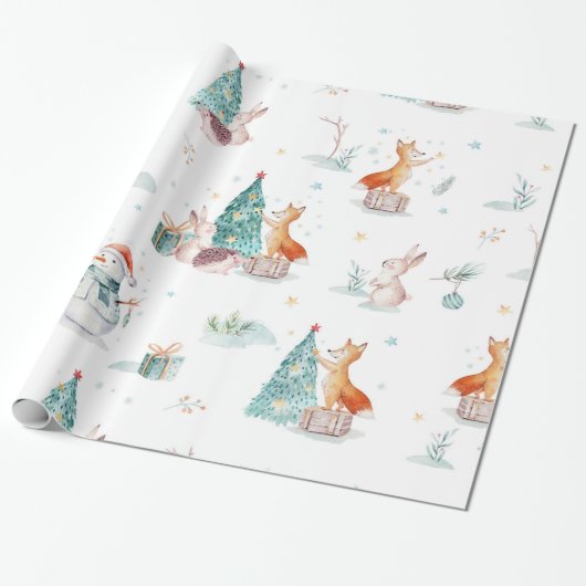 Schattigee winterwonderland sneeuwman bosdieren cadeaupapier (Uitgerold)