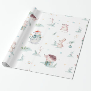Schattigee winterwonderland sneeuwman bosdieren cadeaupapier