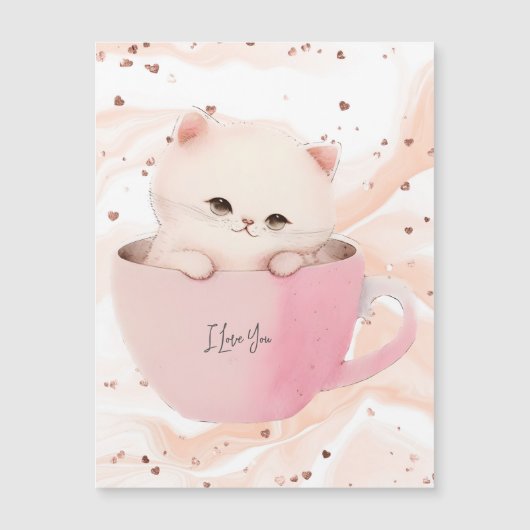 Schattigee wit-roze kat in een theekopje (Voorkant)