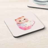 Schattigee wit-roze kat in een theekopje (2) bier onderzetter (Linkerzijde)