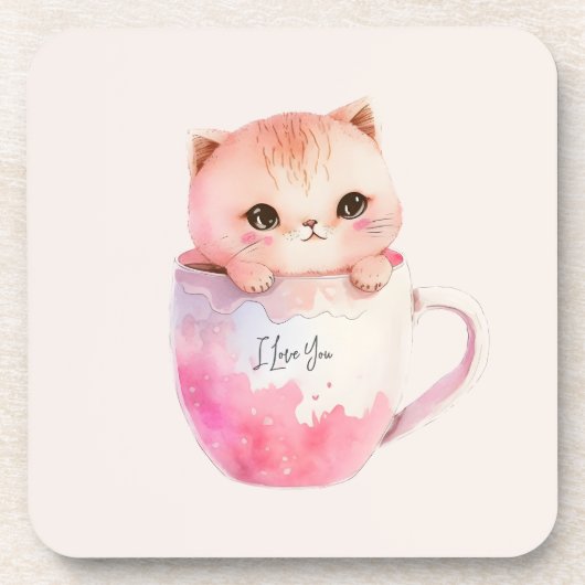 Schattigee wit-roze kat in een theekopje (2) bier onderzetter (Voorkant)