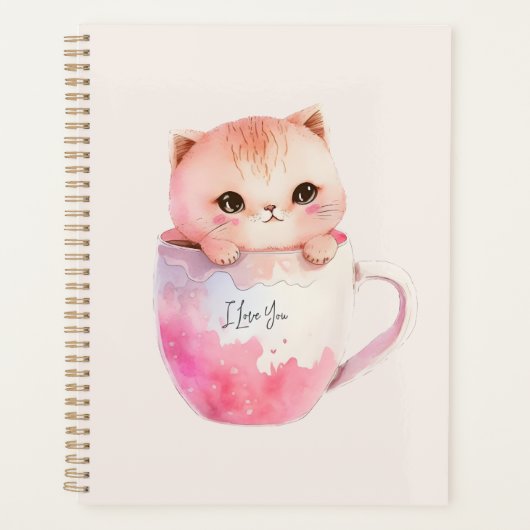Schattigee wit-roze kat in een theekopje (2) planner (Voorkant)