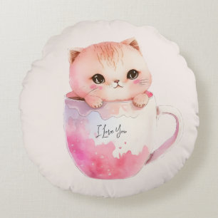 Schattigee wit-roze kat in een theekopje (2) rond kussen