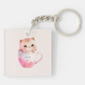 Schattigee wit-roze kat in een theekopje (2) sleutelhanger (Achterkant)