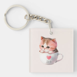 Schattigee wit-roze kat in een theekopje (2) sleutelhanger