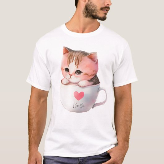 Schattigee wit-roze kat in een theekopje (2) t-shirt (Voorkant)