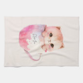 Schattigee wit-roze kat in een theekopje (2) theedoek (Horizontaal)