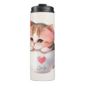 Schattigee wit-roze kat in een theekopje (2) thermosbeker (Voorkant)