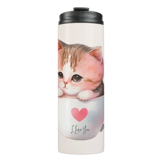 Schattigee wit-roze kat in een theekopje (2) thermosbeker (Voorkant)