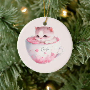 Schattigee wit-roze kat in een theekopje (3) keramisch ornament
