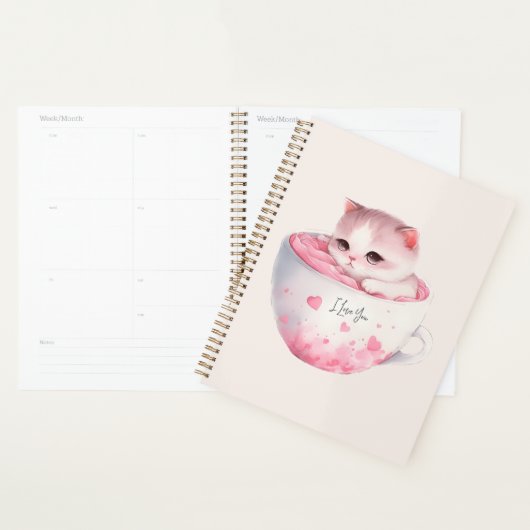 Schattigee wit-roze kat in een theekopje (3) planner (Display)