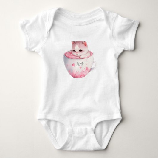 Schattigee wit-roze kat in een theekopje (3) romper (Voorkant)