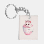 Schattigee wit-roze kat in een theekopje (3) sleutelhanger (Voorkant Links)