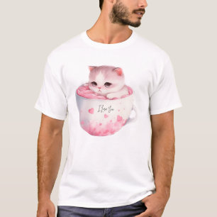 Schattigee wit-roze kat in een theekopje (3) t-shirt