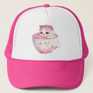 Schattigee wit-roze kat in een theekopje (3) trucker pet
