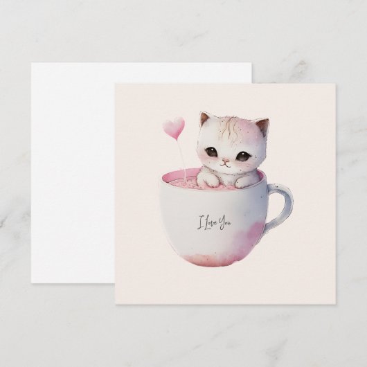 Schattigee wit-roze kat in een theekopje (4) (Voorkant / Achterkant)