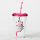 Schattigee wit-roze kat in een theekopje (4) acryl drinkbeker (Achterkant)