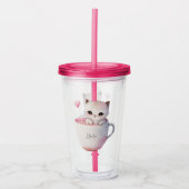 Schattigee wit-roze kat in een theekopje (4) acryl drinkbeker (Voorkant)