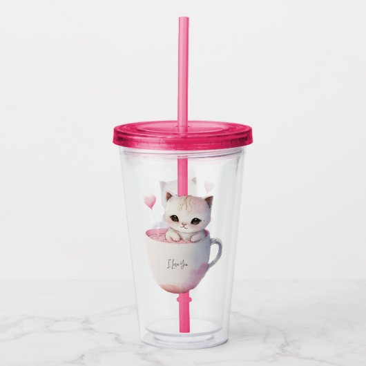 Schattigee wit-roze kat in een theekopje (4) acryl drinkbeker (Voorkant)