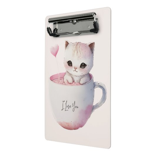Schattigee wit-roze kat in een theekopje (4) mini klembord (Angled2)