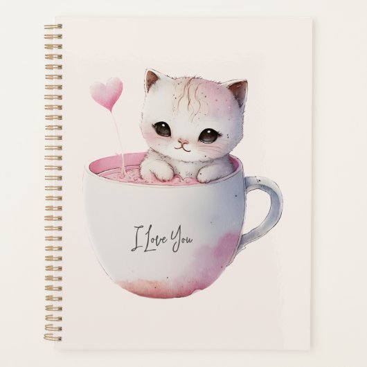 Schattigee wit-roze kat in een theekopje (4) planner (Voorkant)
