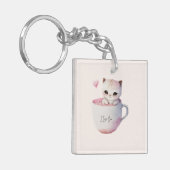 Schattigee wit-roze kat in een theekopje (4) sleutelhanger (Voorkant Links)