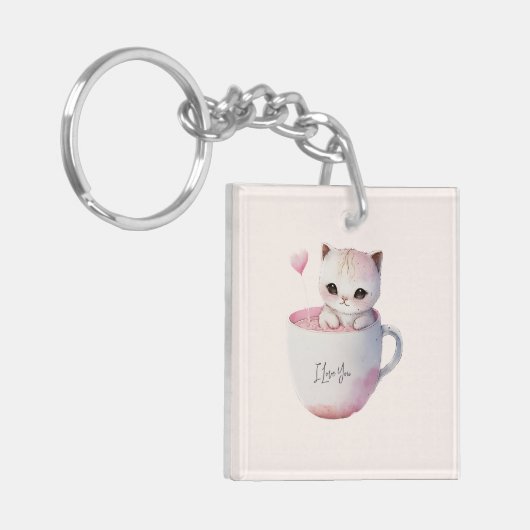 Schattigee wit-roze kat in een theekopje (4) sleutelhanger (Voorkant Links)