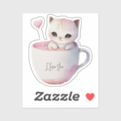 Schattigee wit-roze kat in een theekopje (4) sticker (Vel)