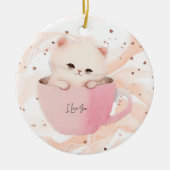 Schattigee wit-roze kat in een theekopje keramisch ornament (Voorkant)