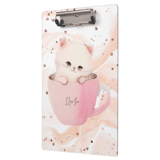 Schattigee wit-roze kat in een theekopje klembord (Links)